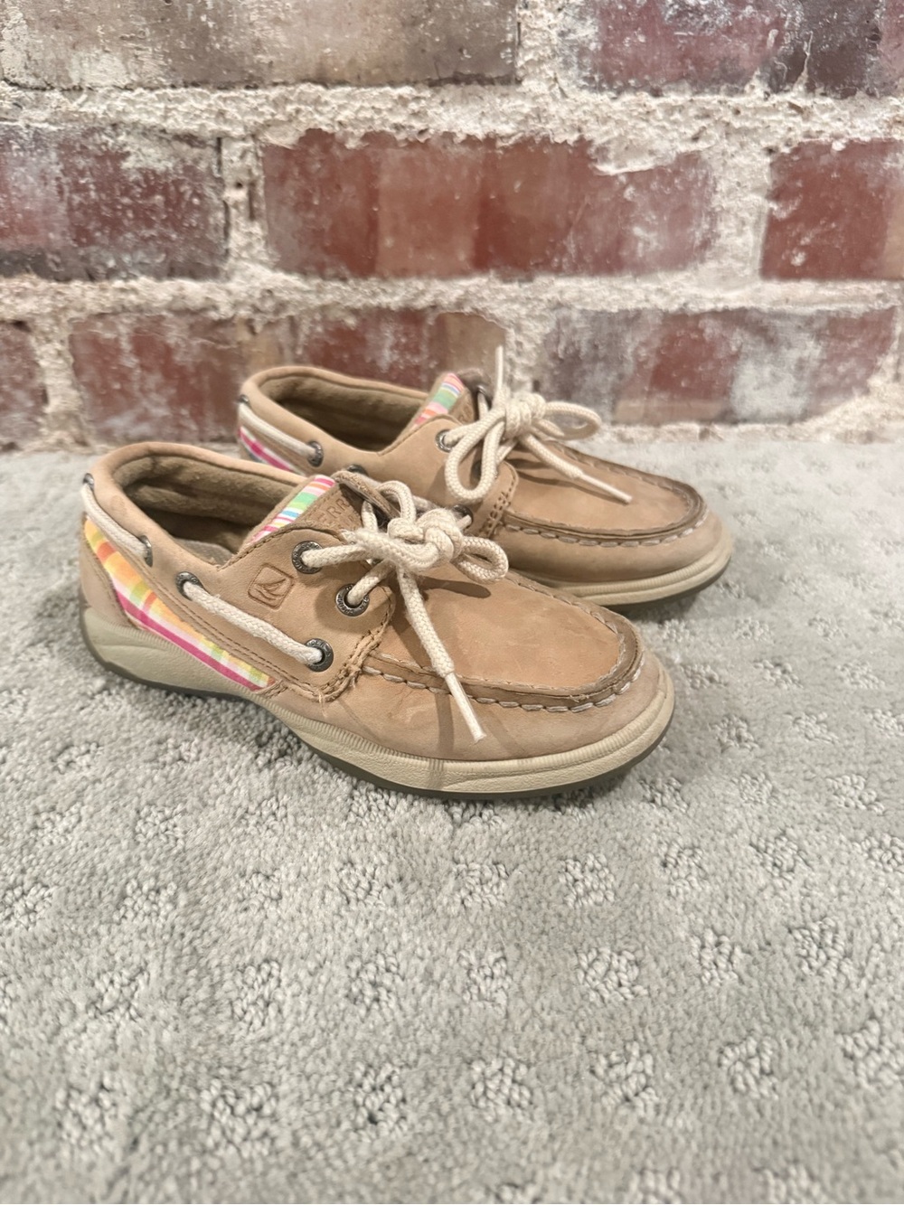 Sperry Kids Tan Leather Moccasins with Pink & Yellow Stripe Accent